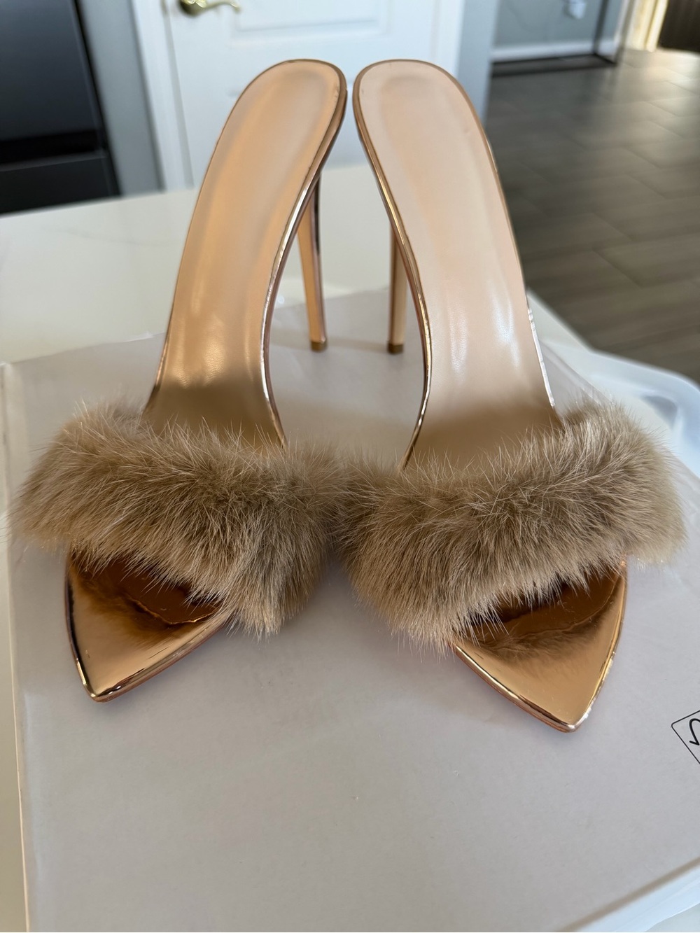 Faux-Fur Trim Rose Gold Metallic Heeled Mules